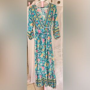SHEIN Turquoise Floral Maxi Dress with Pink & Yellow Flowers